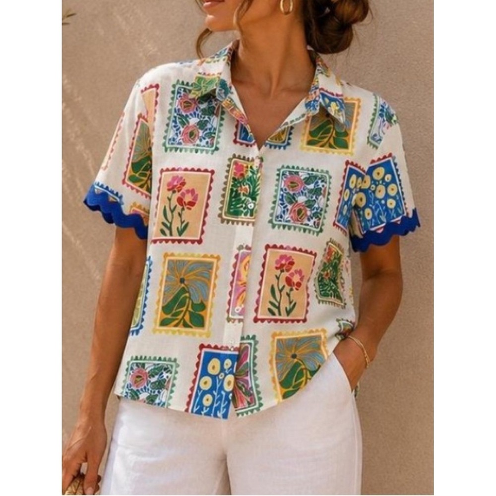 Jane + Delancey Women Linen Postage Stamp Button Up Top Medium Coastal Resort